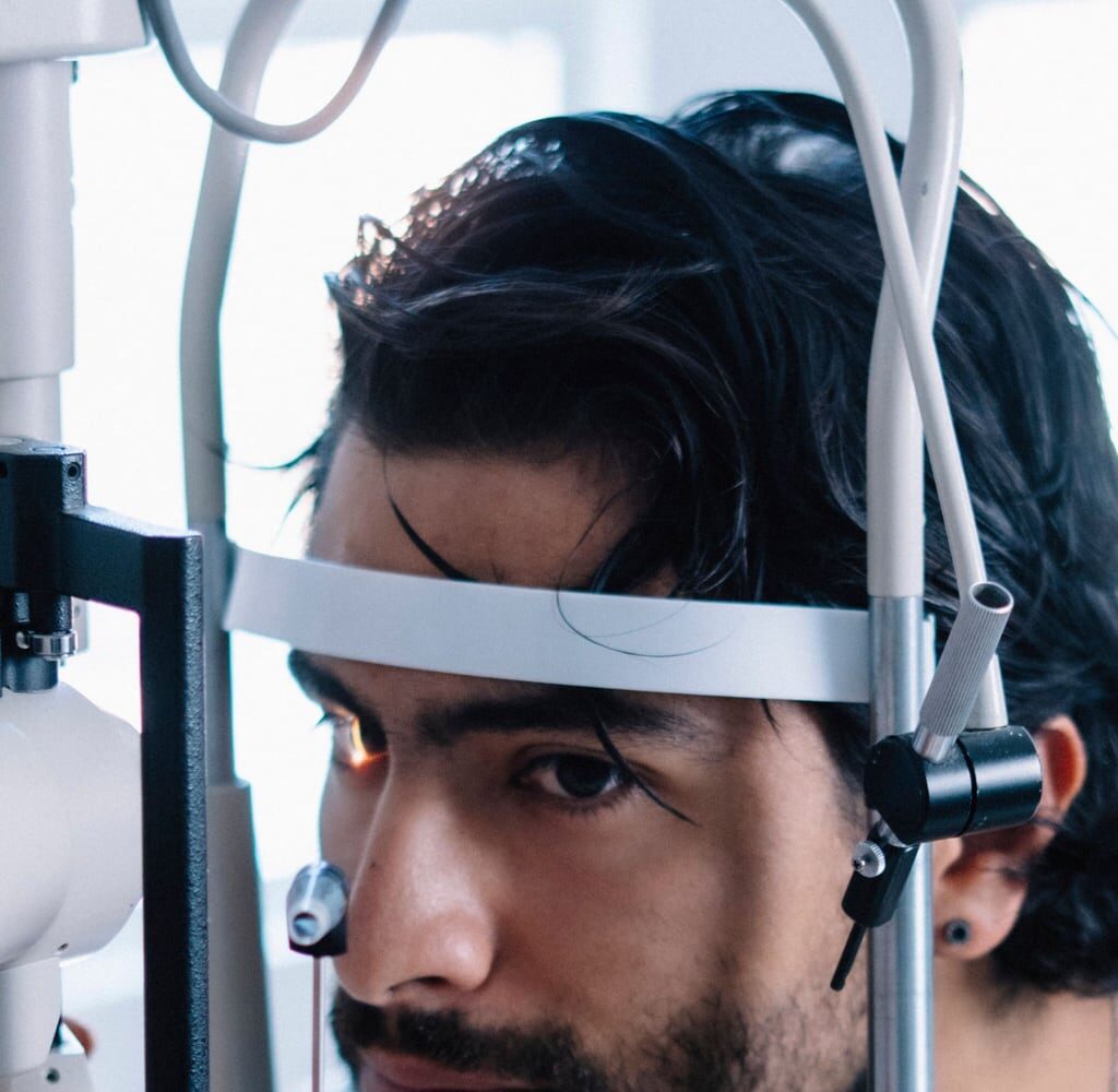 Patient having a slit-lamp eye examination
